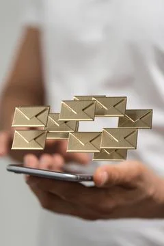 A person presenting a virtual 3D rendered projection of email communications  Foto stock