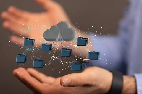 Person presenting a virtual 3D rendered projection of data cloud Foto stock