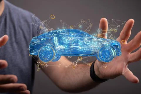 A person presenting the virtual projection of autonomous online car icon with Stock Photos