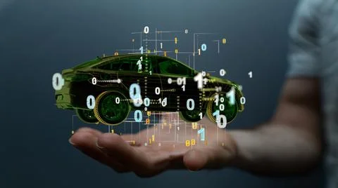Person presenting the virtual projection of autonomous online car icon Stock Photos