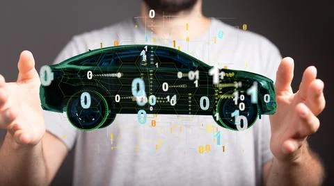Person presenting the virtual projection of autonomous online car icon 写真素材