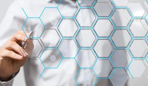 A person presenting a virtual projection of a data structure in the form of h Stock Photos