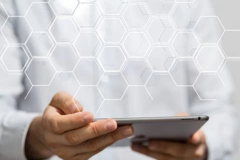 A person presenting a virtual projection of a data structure in the form of h Stock Photos