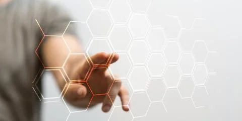 A person presenting a virtual projection of a data structure in the form of h Stock Photos