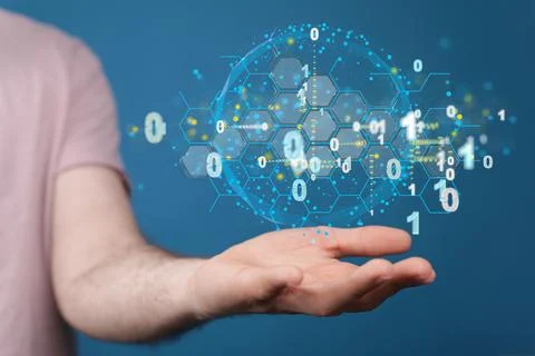 Person presenting the virtual projection of data cloud storage network Stockfoto's