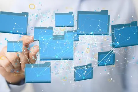 Person presenting the virtual projection of data cloud storage network Foto stock