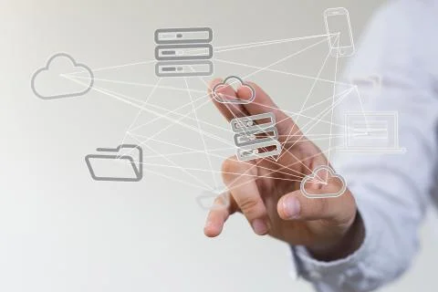 Person presenting a virtual projection of digital cloud Foto stock