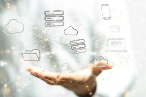 Person presenting a virtual projection of a digital cloud Stock Photos