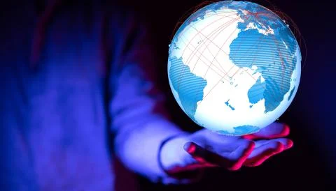 Person presenting the virtual projection of the global network Stock Illustration