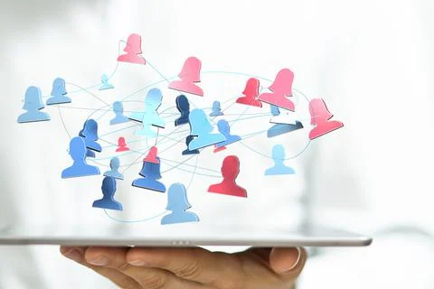 Person presenting a virtual projection of human network Illustrazione stock