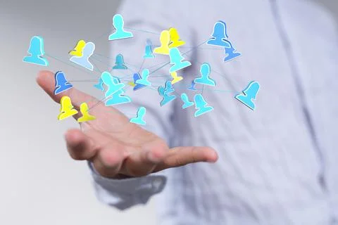 Person presenting a virtual projection of human network Illustrazione stock