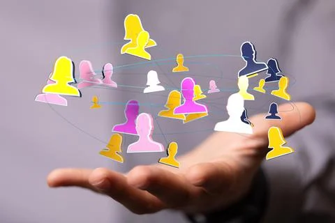 Person presenting a virtual projection of human network Illustrazione stock