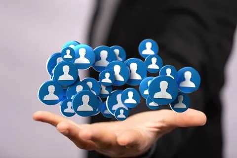 Person presenting a virtual projection of human network Illustrazione stock