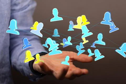 Person presenting a virtual projection of human network Illustrazione stock