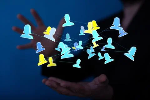 Person presenting a virtual projection of human network 스톡 일러스트