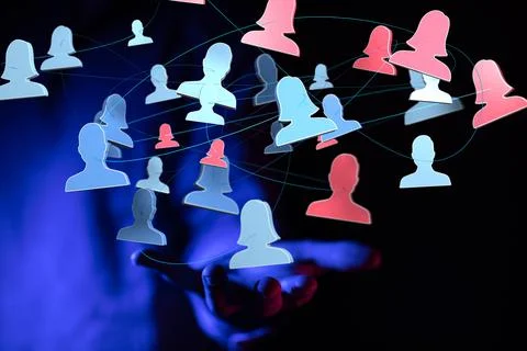 Person presenting a virtual projection of human network Illustrazione stock