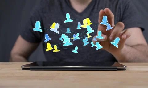 Person presenting a virtual projection of human network Stock Illustration