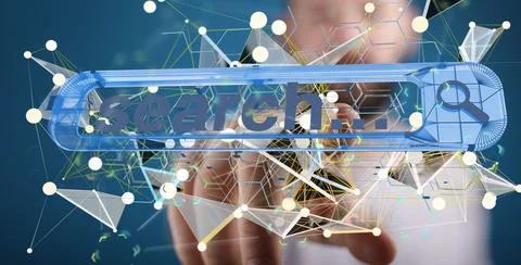 Person presenting a virtual projection of a search icon Stock Photos