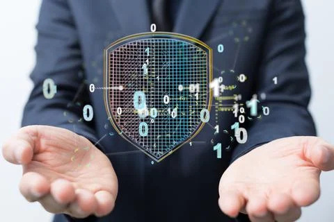 Person presenting the virtual projection of security shield with binary codes 스톡 사진