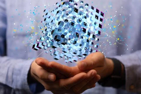 Person presenting the virtual projection of small data cloud technology Foto stock