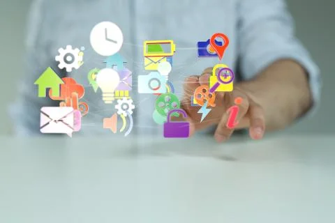 A person presenting a virtual projection of technology, including files and d Foto stock