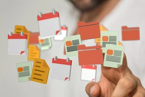 A person presenting a virtual projection of technology, including files and d Foto stock