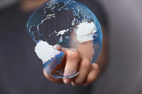 Person presenting the virtual projection of the world map with satellite data Stock Illustration