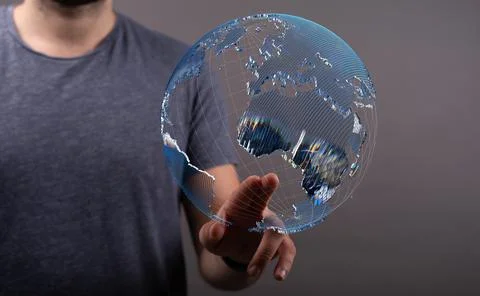 Person presenting the virtual projection of the world map with satellite data Illustrazione stock