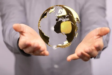 Person presenting the virtual projection of the world map with satellite data 스톡 일러스트