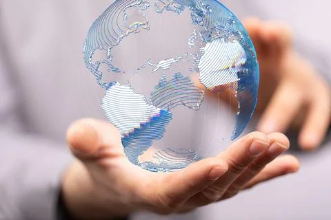 Person presenting the virtual projection of the world map with satellite data Stock Illustration