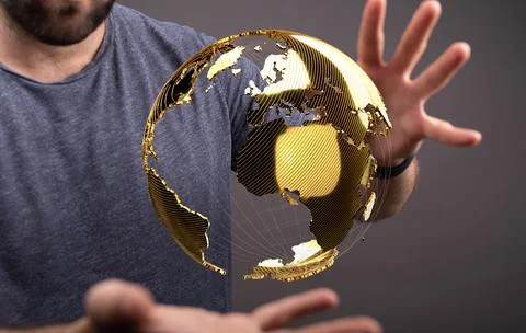Person presenting the virtual projection of the world map with satellite data 스톡 일러스트