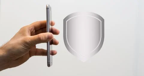 A person presenting virtual shield protection with a copy space -  data prote Foto stock