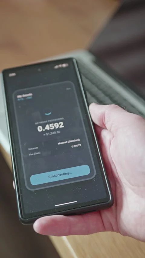 Person pressing confirm button on smartphone screen to send cryptocurrency Видео 335525550