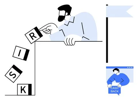 A person preventing risk blocks from falling off a surface. A flag in the bac Illustrazione stock