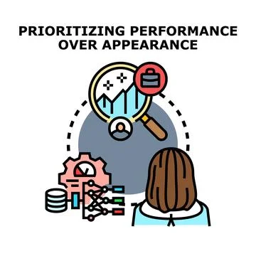 Person prioritizing performance appearance analyzing data metrics Stock Illustration