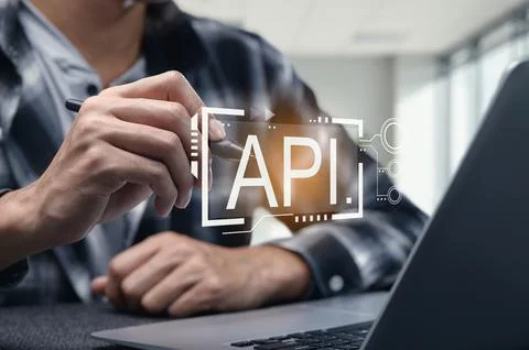 Person Programming API Interface on Laptop with Digital Overlay Foto stock