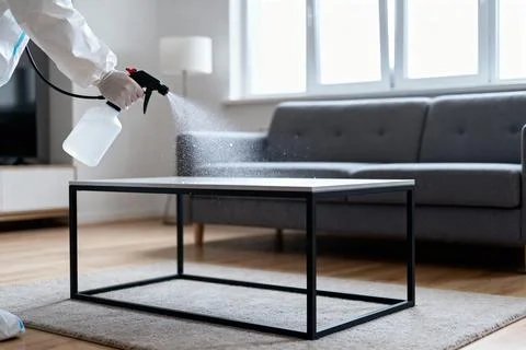 Person in protective suit sanitizing a table with disinfectant spray Stock Photos