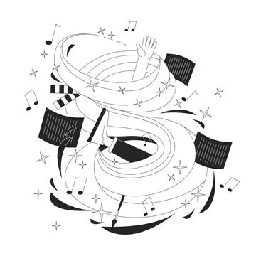 Person pulled in hypnotic music vortex black and white 2D line cartoon char.. Stockillustratie