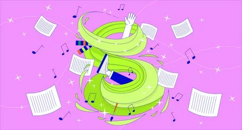 Person pulled into vortex of musical sounds 2D linear illustration concept Stockillustratie