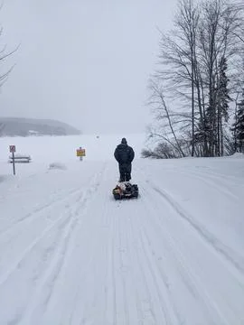 Person Pulling Gear Sled Toward Frozen Lake During a Winter Snowstorm 스톡 사진