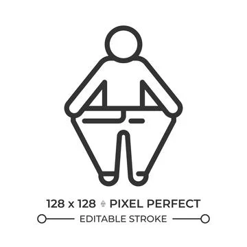Person pulling oversized pants away pixel perfect simple line icon Stock Illustration
