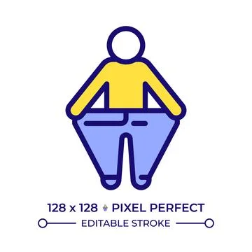 Person pulling oversized pants away pixel perfect line color icon Stock Illustration