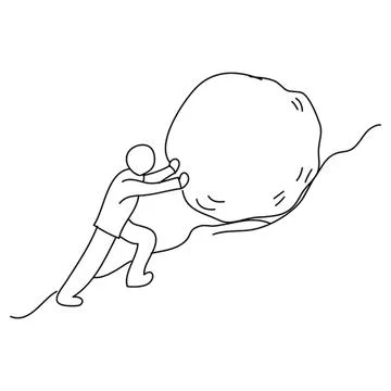 Person pushing large boulder uphill in simple line drawing Stock Illustration