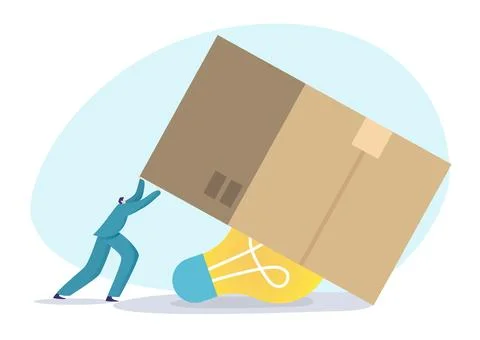 Person pushing large package on light bulb conceptually. Innovation, overcoming Stock Illustration