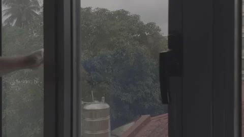 Person Pushing Open a Window Overlooking a Lush Tropical Environment Vídeo Stock 345133594