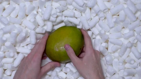 The person puts mango in a box with a soft filling. Stock Footage 197572359