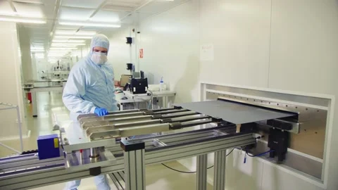 Person puts solar panel with cells into modern machine tool Stock Footage 134122603