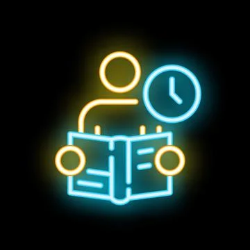 Person reading book with time clock neon sign icon Stock Illustration