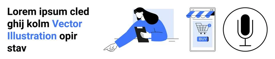 Person reading document and pointing. Shopping cart and checkout button on mo Stock Illustration
