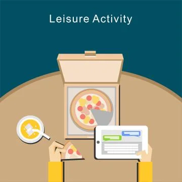 Person reading message on her digital tablet while eating pizza. Stock Illustration